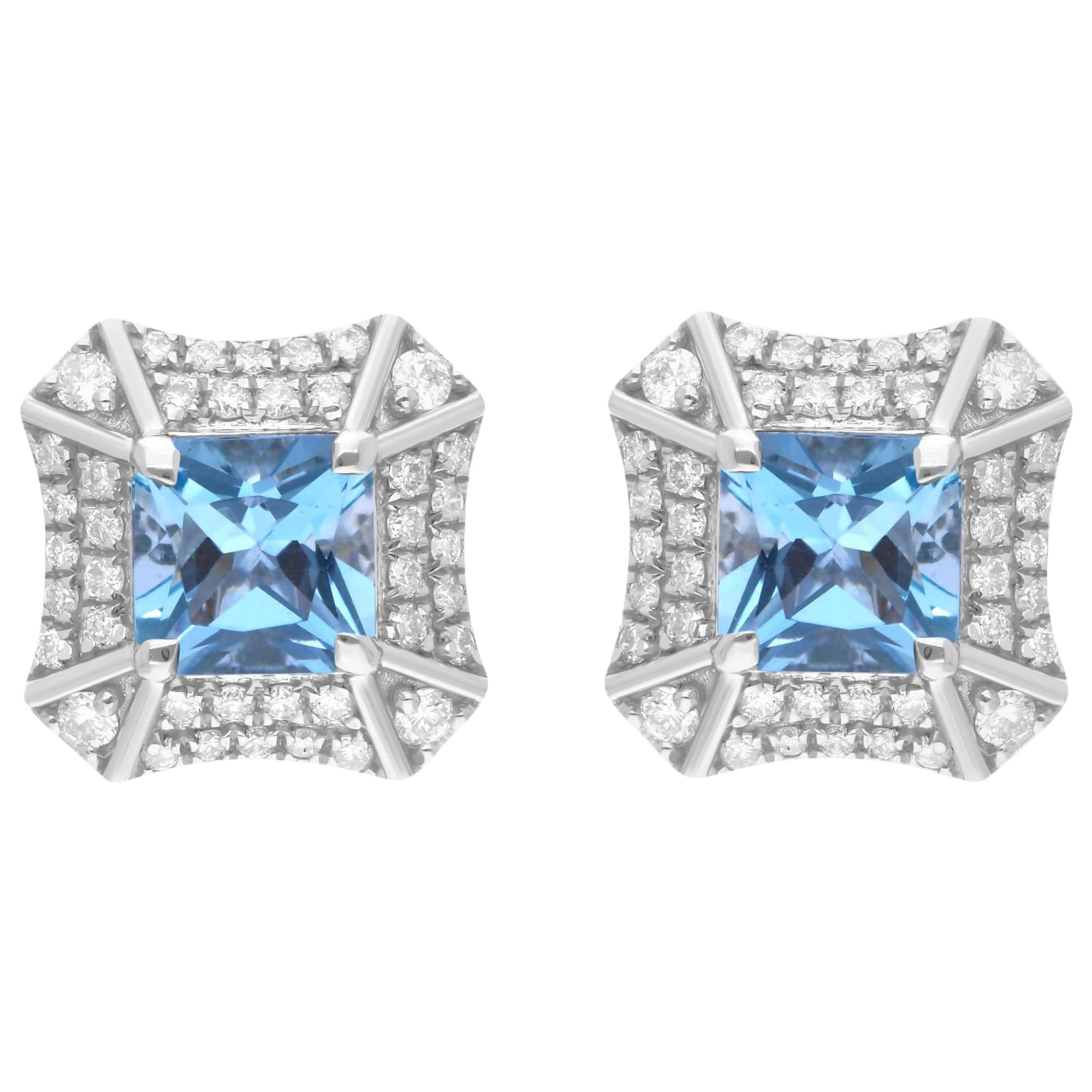 Aquamarine Gemstone Stud Earrings Diamond 18 Karat White Gold Handmade Jewelry