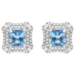 Aquamarine Gemstone Stud Earrings Diamond 18 Karat White Gold Handmade Jewelry