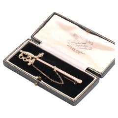 Antique Victorian 9K Rose Gold Seed Pearl Sword Brooch in Original Case