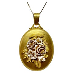 Flower Motif Locket Pendant Old Mine Diamond Pearlescent Enamel 18 Karat Gold
