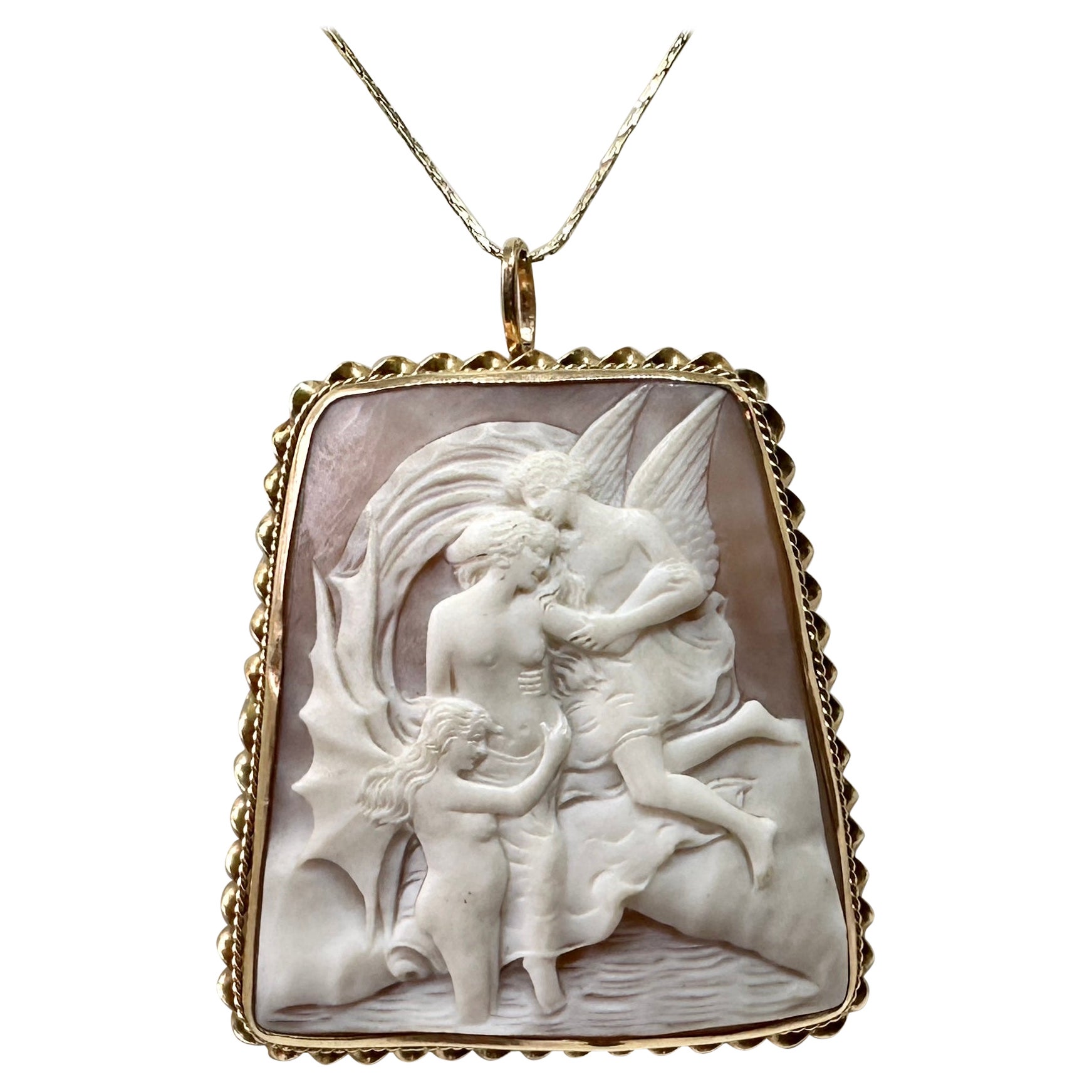 Winged Angels Nude Goddess Cameo Pendant Brooch Necklace 14 Karat Gold Antique For Sale