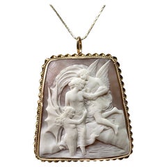 Winged Angels Nude Goddess Cameo Pendant Brooch Necklace 14 Karat Gold Vintage