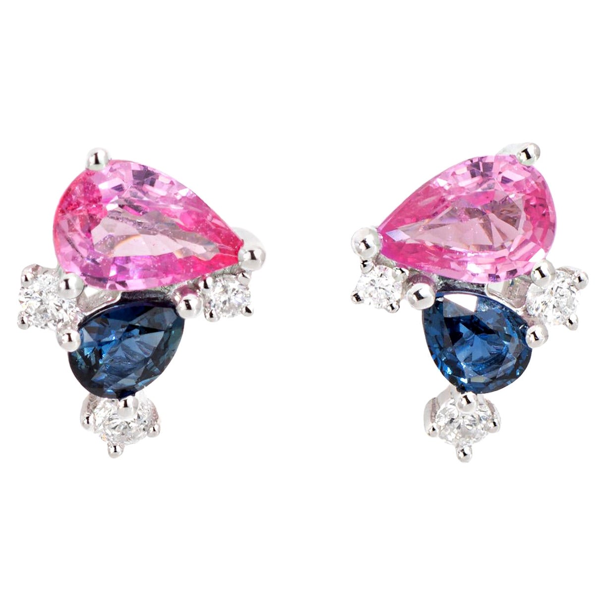 Blue Pink Sapphire Cluster Earrings Diamond Estate 14k White Gold Stud Jewelry
