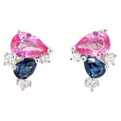Retro Blue Pink Sapphire Cluster Earrings Diamond Estate 14k White Gold Stud Jewelry