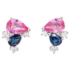 Blue Pink Sapphire Cluster Earrings Diamond Estate 14k White Gold Stud Jewelry