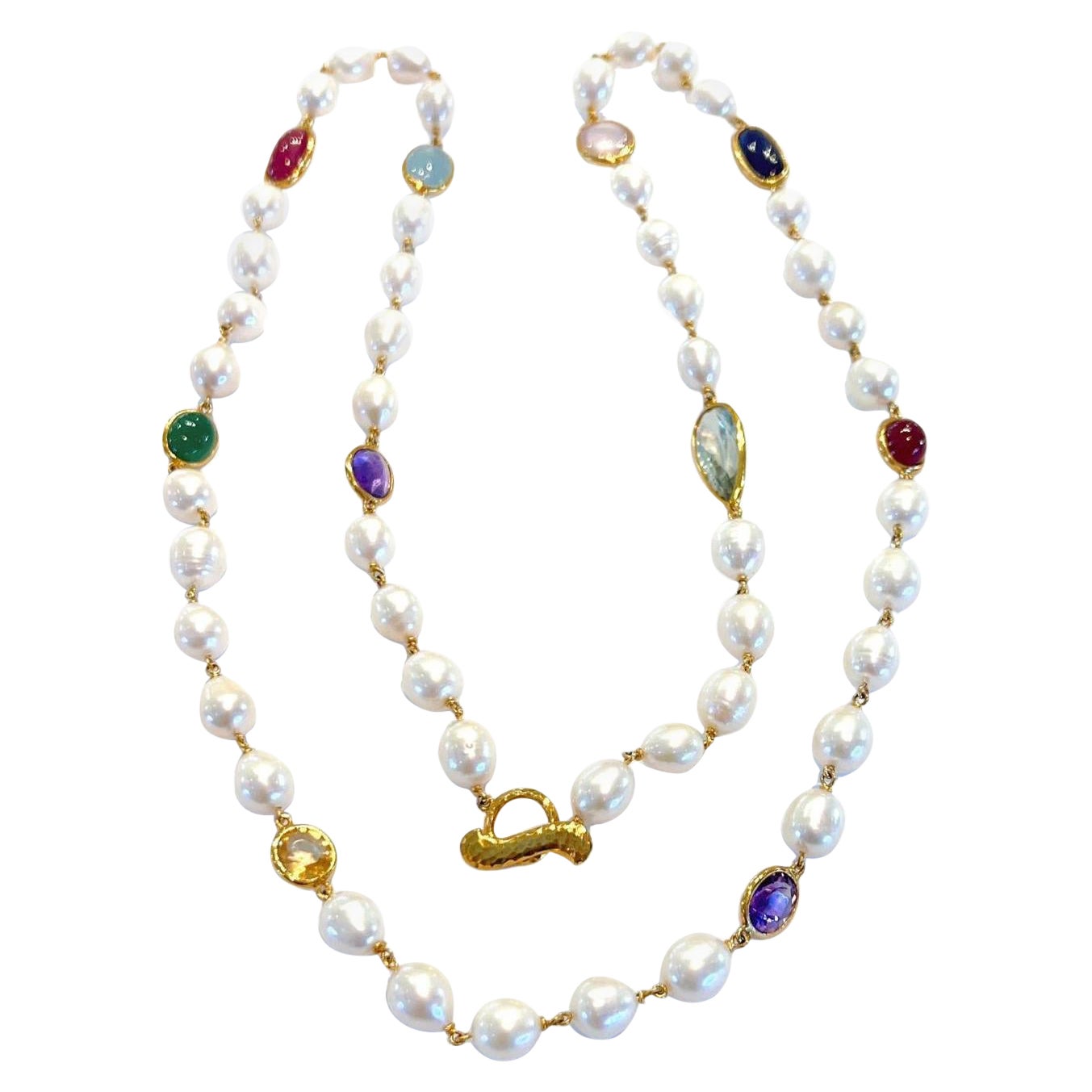 Collar Bochic "Capri" Perla de agua dulce, rubí, zafiro, aguamarina y mezcla de gemas