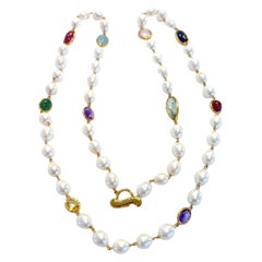 Collana Bochic "Capri" con perle d'acqua dolce, rubino, zaffiro, acquamarina e gemme miste