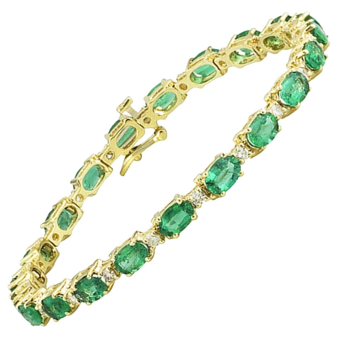 Oval Emerald and Diamond Patterned Gold Tennis Bracelet For Sale at ...