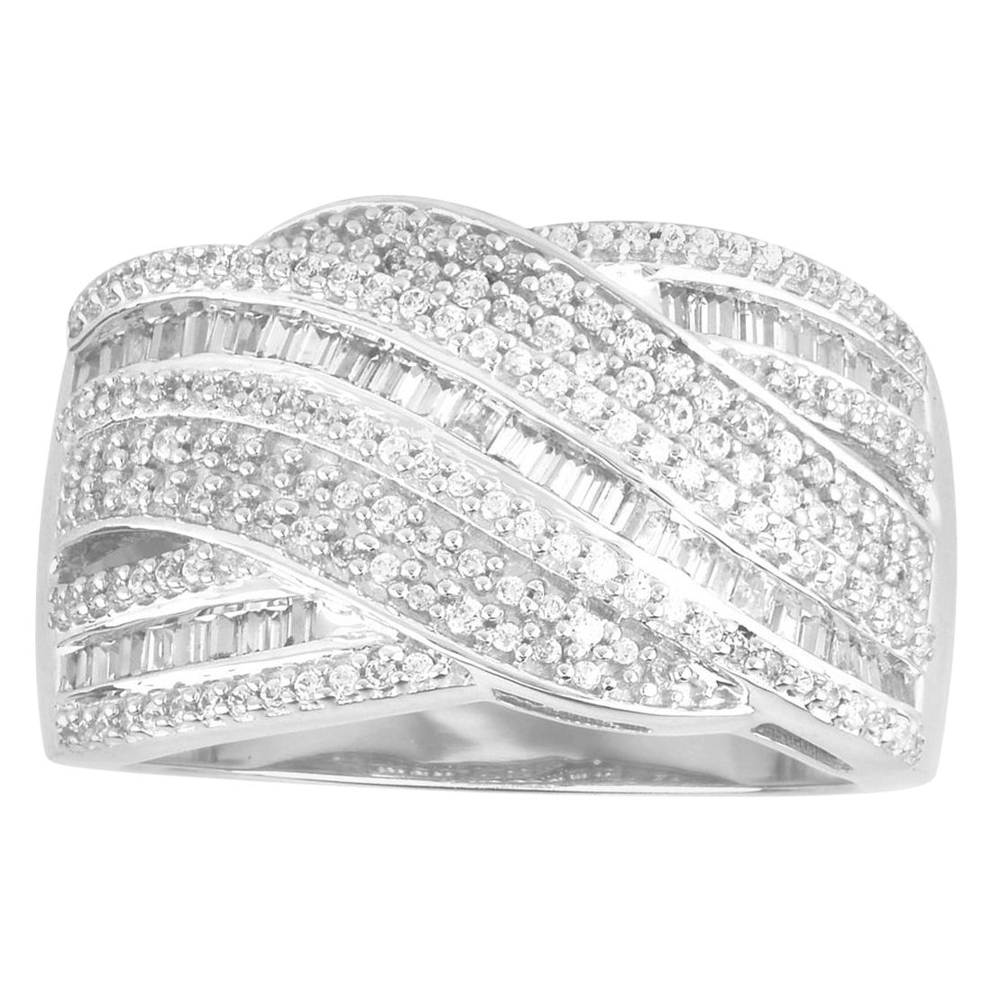 Bague croisée superposée en or 14 carats avec diamants baguettes et ronds de 0,75 carat TJD