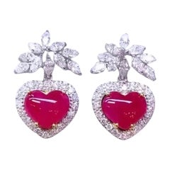 AIG Certified 5.48 Cts Heart Cut Burma Rubies  2.20 Cts Diamonds 18K Earrings