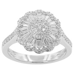 TJD 0.75 Carat Round & Baguette Diamond 14 Karat White Gold Fashion Cluster Ring