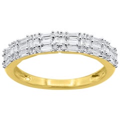 TJD 0.50 Carat Baguette & Round 14KT Yellow Gold 3-Row Diamond Wedding Band Ring