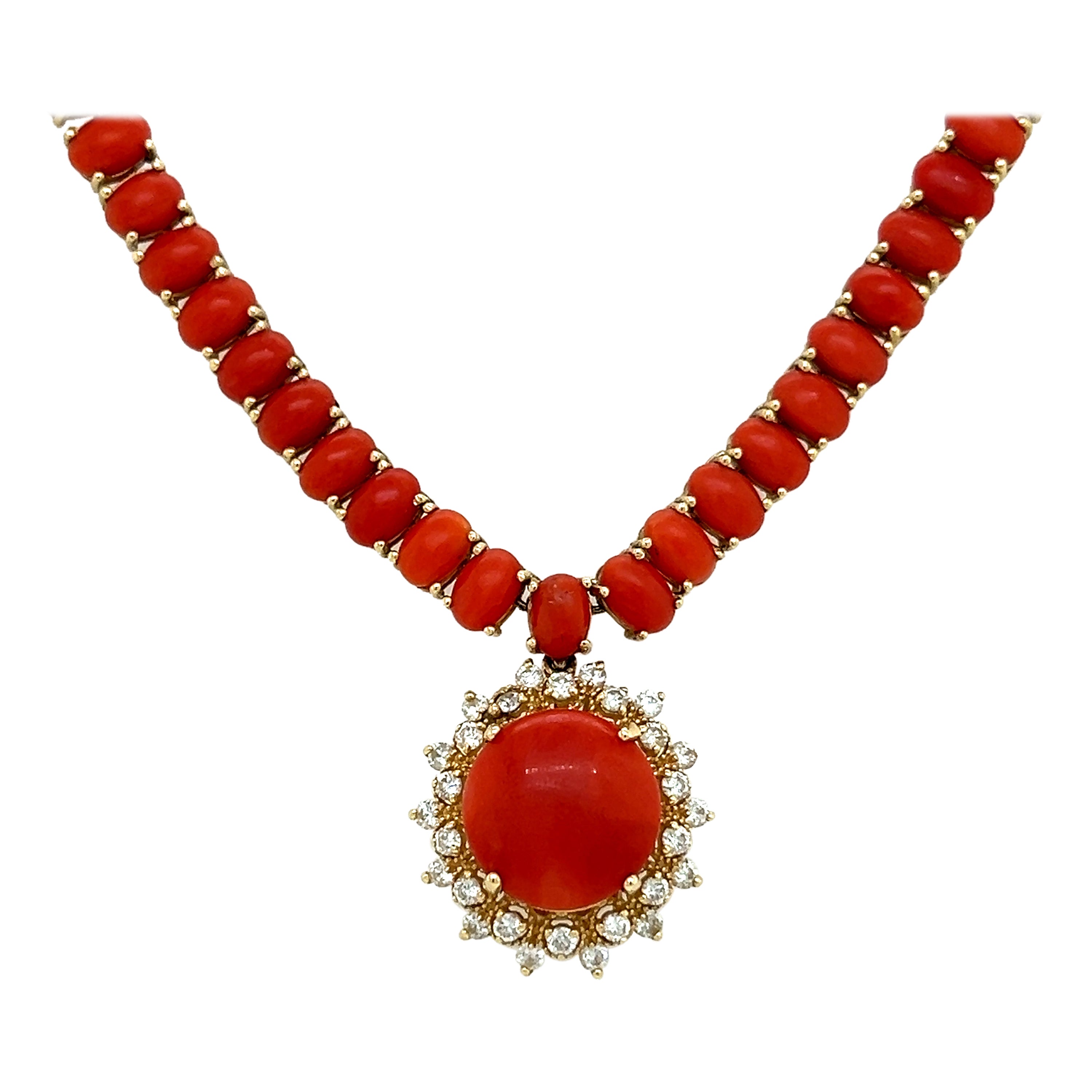 Colgante Collar Vintage Coral Rojo y Diamantes Oro Amarillo 14k en venta
