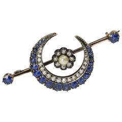 Antique Edwardian Unheated Sapphire Silver Gold Crescent Pin