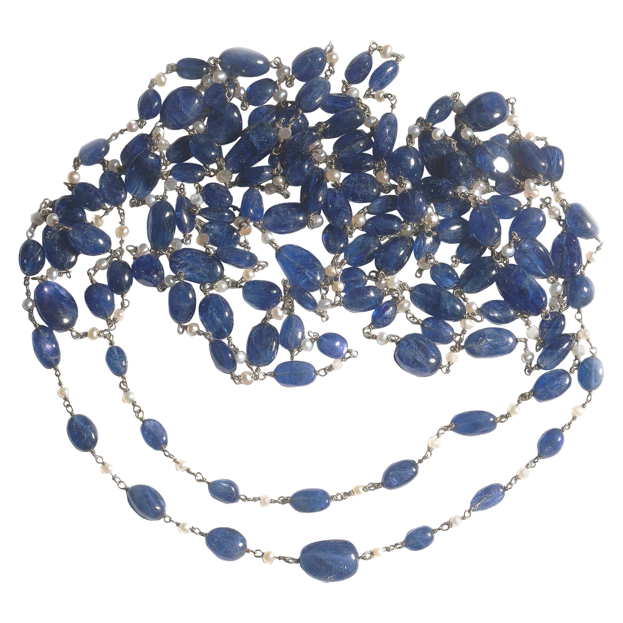 Sapphire, Pearl And White Gold Long Chain Necklace For Sale