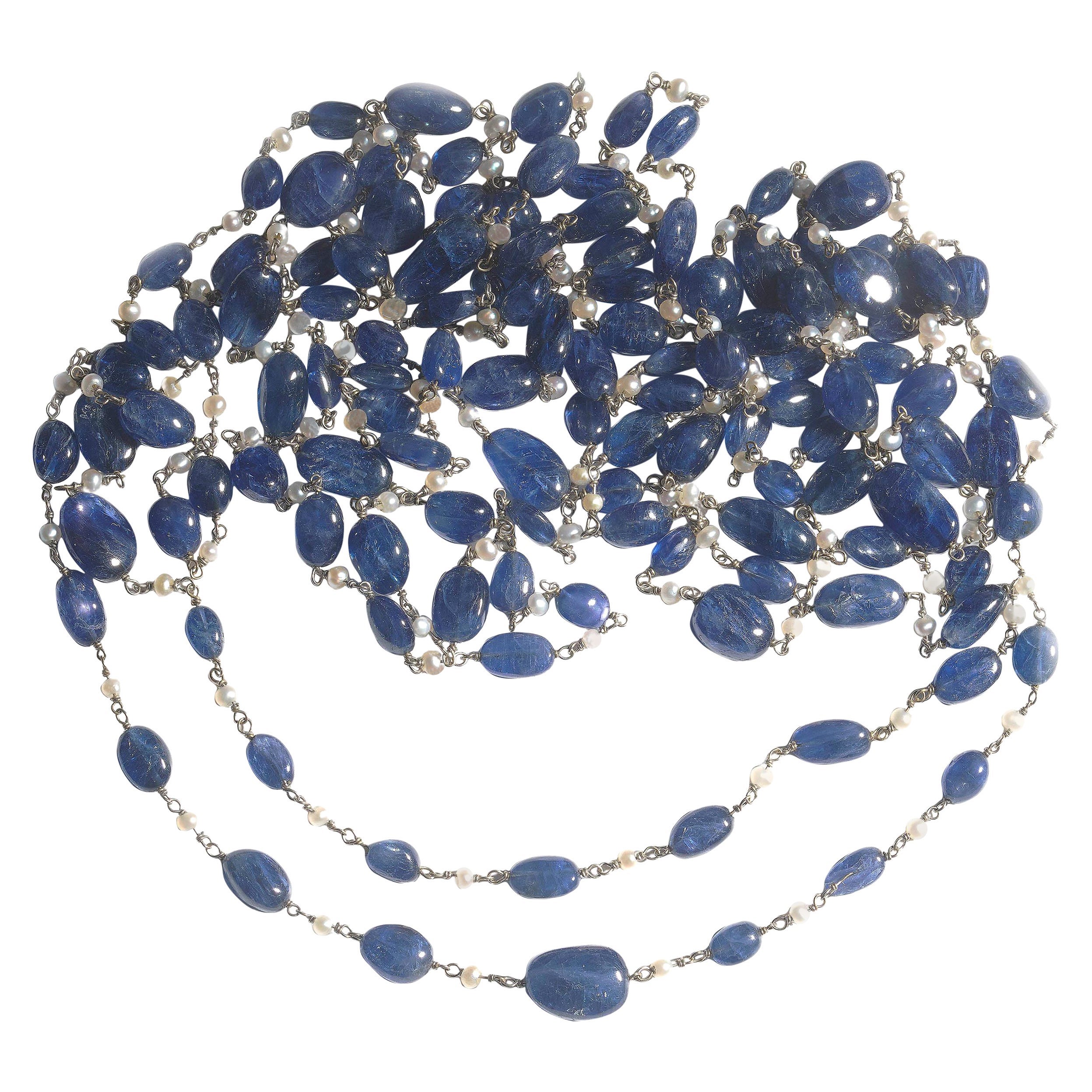 Sapphire, Pearl And White Gold Long Chain Necklace