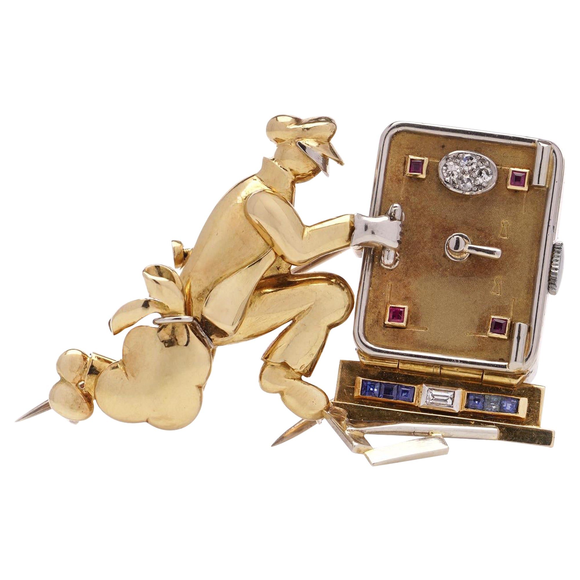 Lapel 18kt gold Jewelled safe cracker brooch with watch