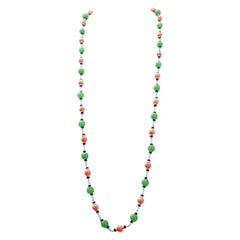 Coral, Onyx, Jade, Diamonds, Rock Crystal, White Gold Necklace.