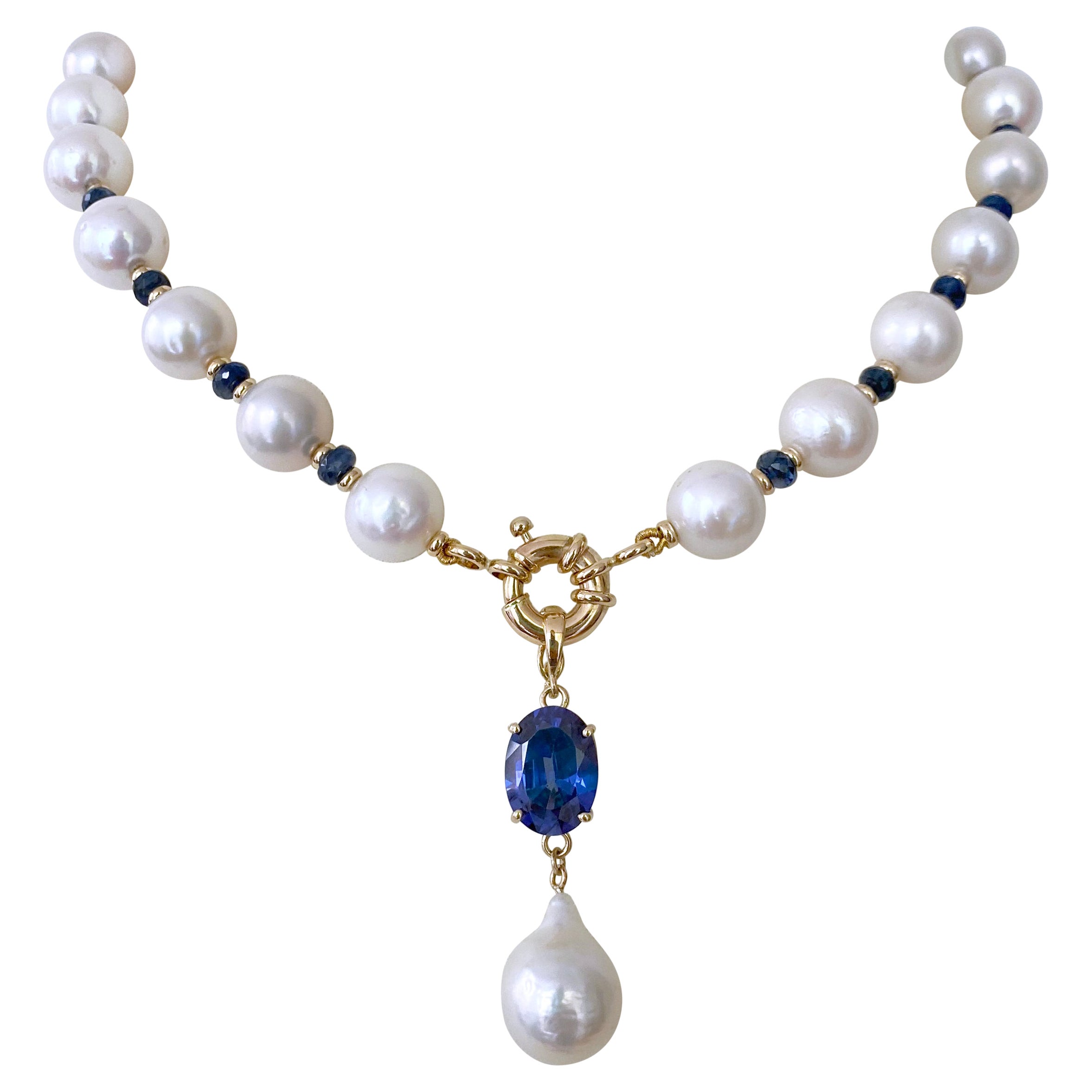Marina J. Halskette aus blauem Saphir, Perle und massivem 14k Gelbgold