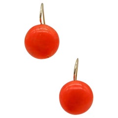 Italian 1950 Neapolitan Dangle Drop Coral buttons Earrings In I8Kt Yellow Gold