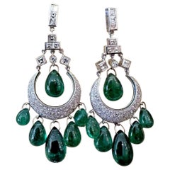 Chandelier Emerald Briolette and Diamond Drop Earrings in Platinum