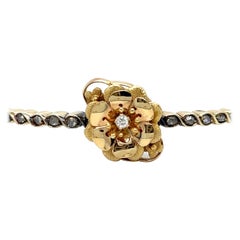 French Antique Diamond 18K Yellow Gold Hinged Floral Bangle Bracelet.