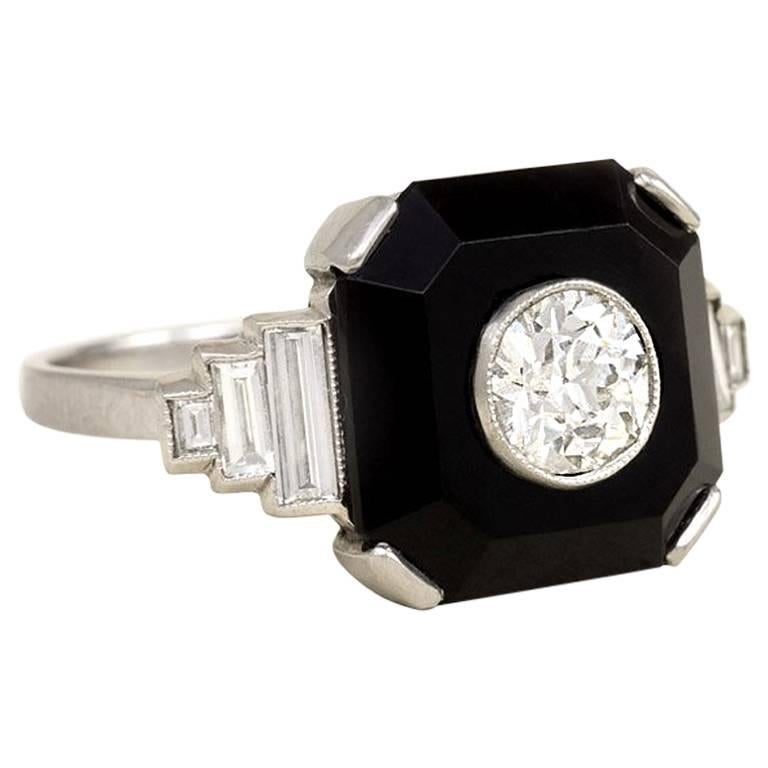 Art Deco Onyx Diamond Platinum ring