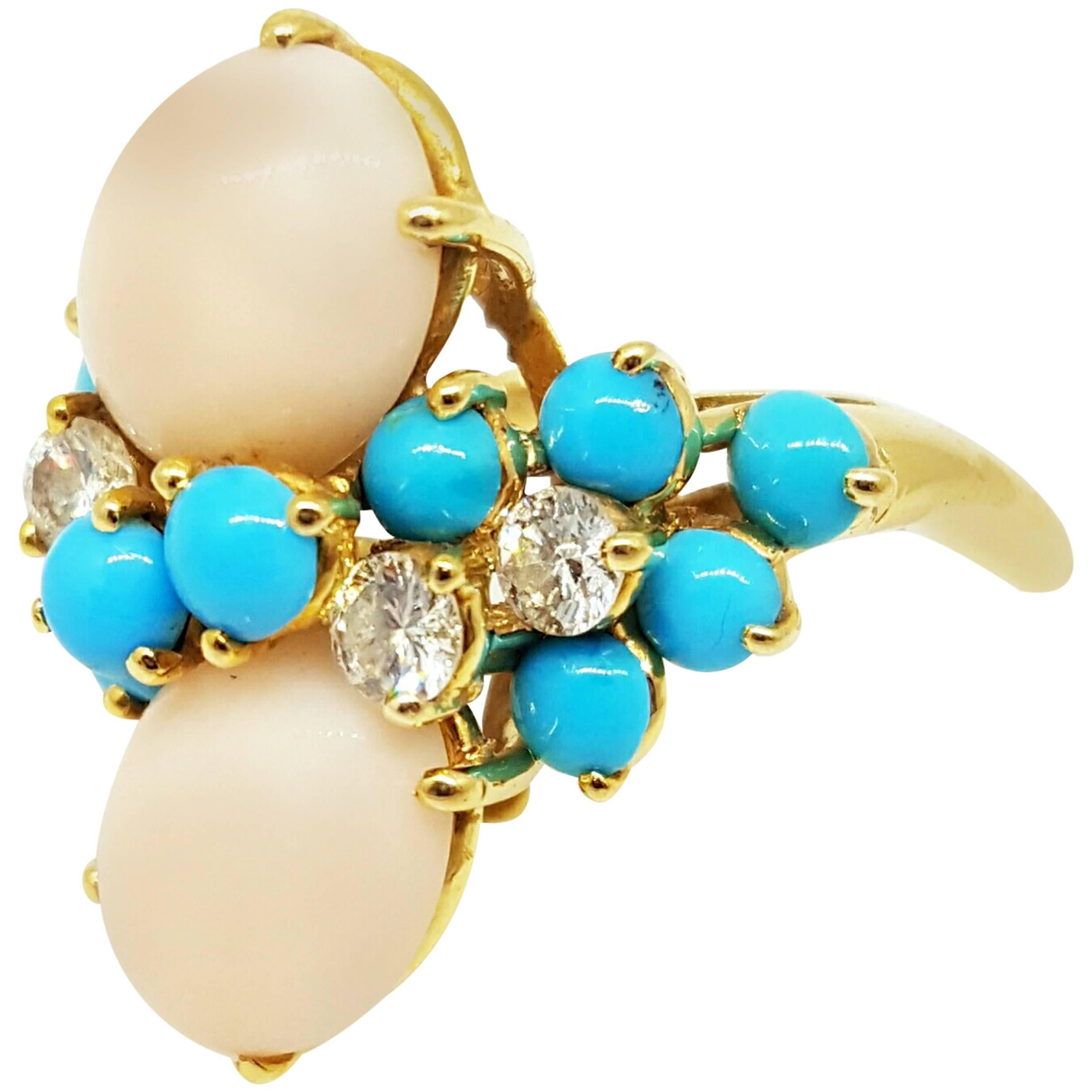Turquoise Coral Diamond gold Ring  For Sale