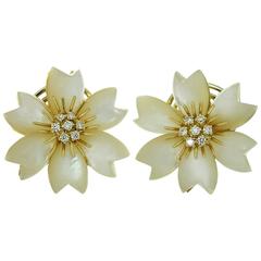Mother of Pearl Diamond Gold Flower Earrings