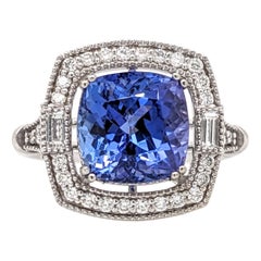 4ct Tanzanite Ring w Earth Mined Diamonds & Milgrain Detail in Solid 14K Gold