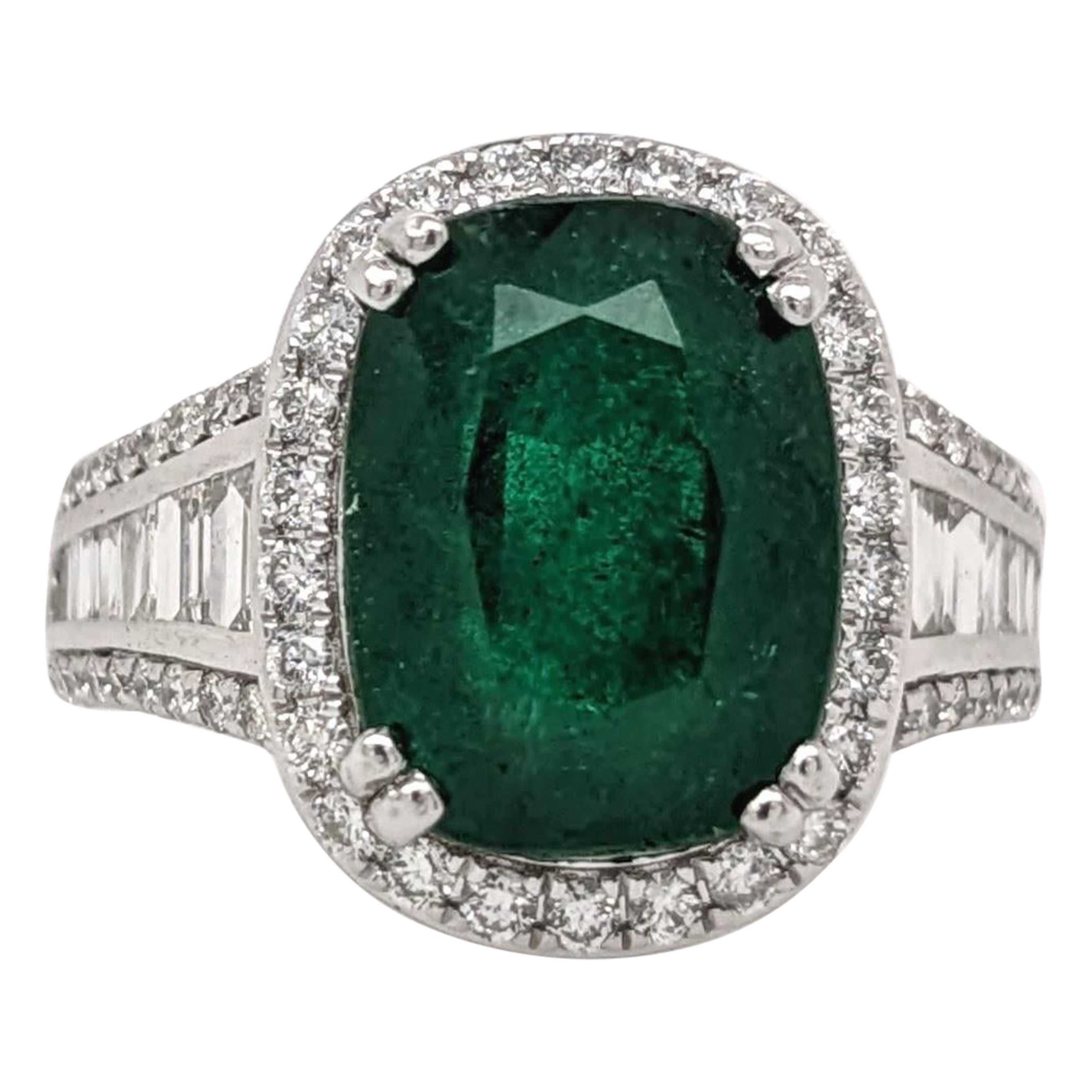 5.6ct Emerald Ring w Earth Mined Diamonds in Solid 14K White Gold Cushion 12x9mm For Sale