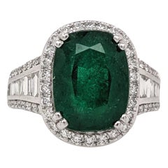 5.6ct Emerald Ring w Earth Mined Diamonds in Solid 14K White Gold Cushion 12x9mm