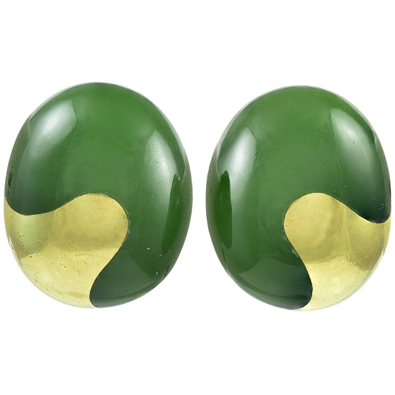 Nephrite Jade Gold Earclips For Sale