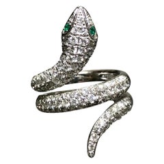Estate EFFY 14K White Gold Diamond Emerald Serpent Snake Cocktail Ring Sz 7.5