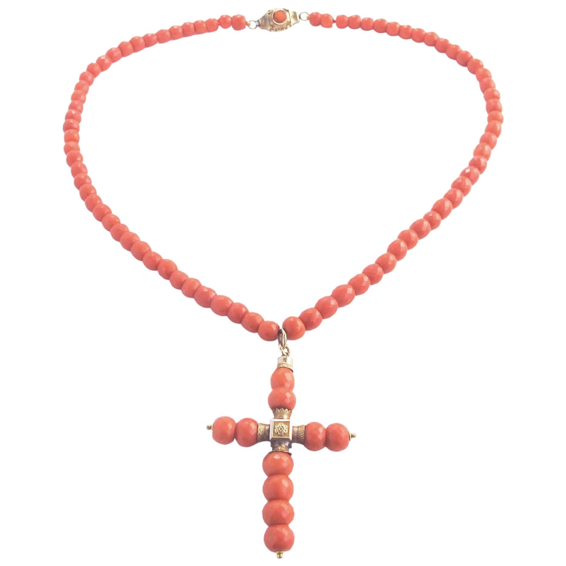 Antique Georgian Coral Cross Gold Necklace