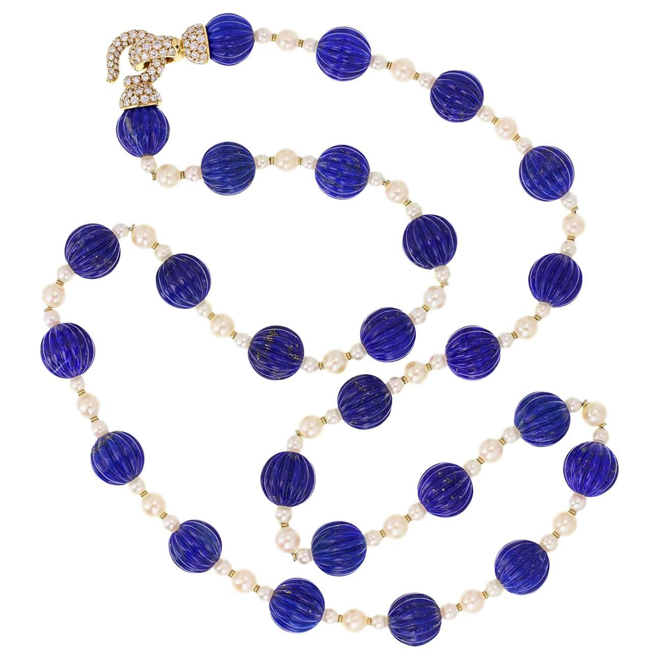 Cartier Paris Pearl Lapis Lazuli Diamond Gold Sautoir Necklace For Sale