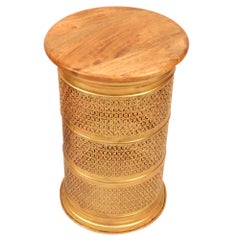 Golden color Metal Stool cum side table with wooden top