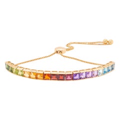 18K Yellow Gold Multicolor 4MM Square Cut Rainbow Gemstones Tennis Bolo Bracelet