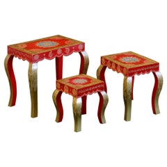 Antique Wooden Hand Painted Stools Chowki (Red, Set of 3)