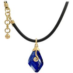 Pamela Froman Detachable Faceted Lapis Diamond Hammered Gold Leather Necklace