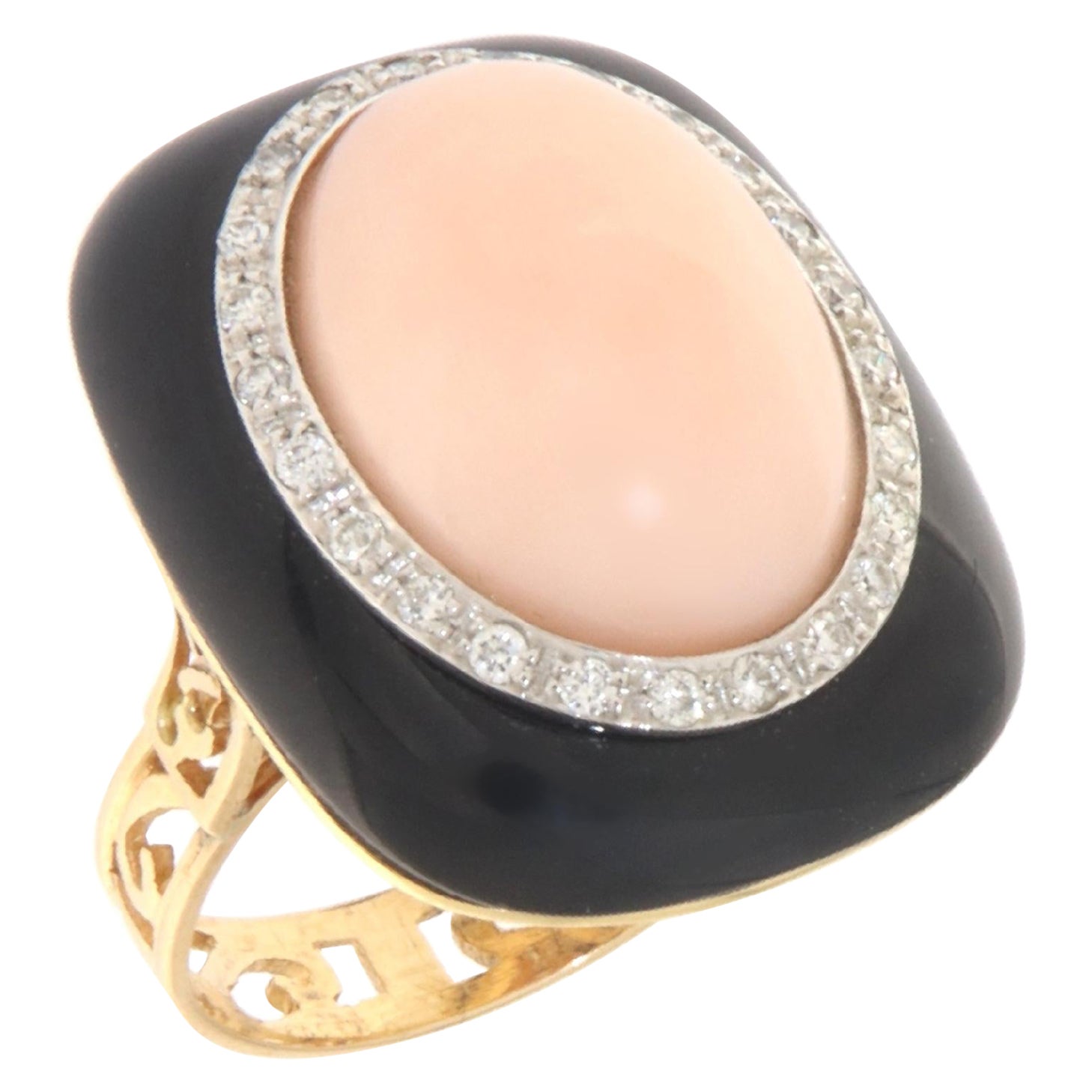 Anillo de Cóctel Coral Diamantes Ónix Oro Amarillo 18 Kilates