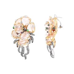 Chic Pink Quartz Yellow Sapphire Garnet Diamond Earrings White 14K Gold for Her