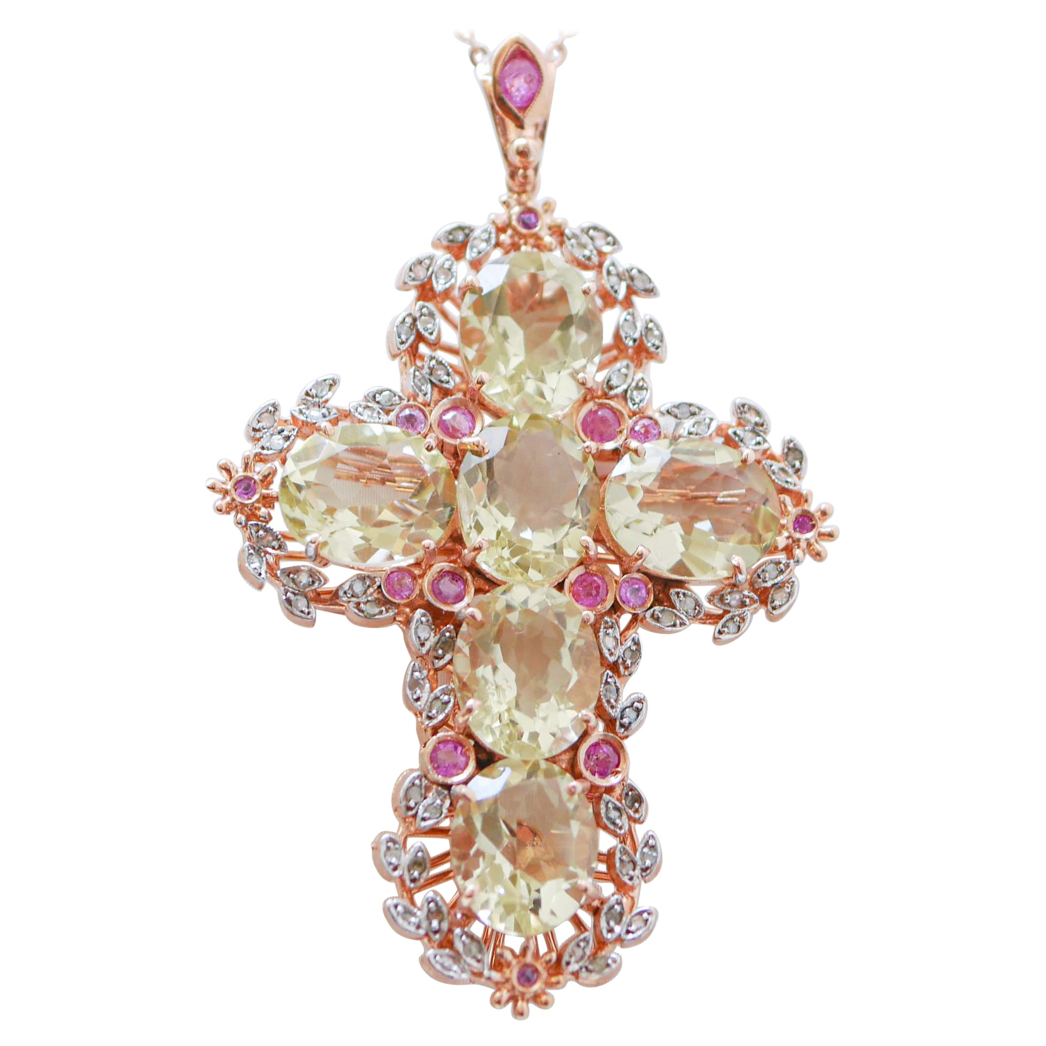 Topazs, Rubies, Diamonds, Rose Gold and Silver Cross  Pendant Necklace.