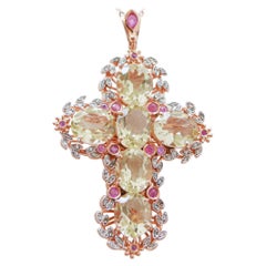 Topazs, Rubies, Diamonds, Rose Gold and Silver Cross  Pendant Necklace.
