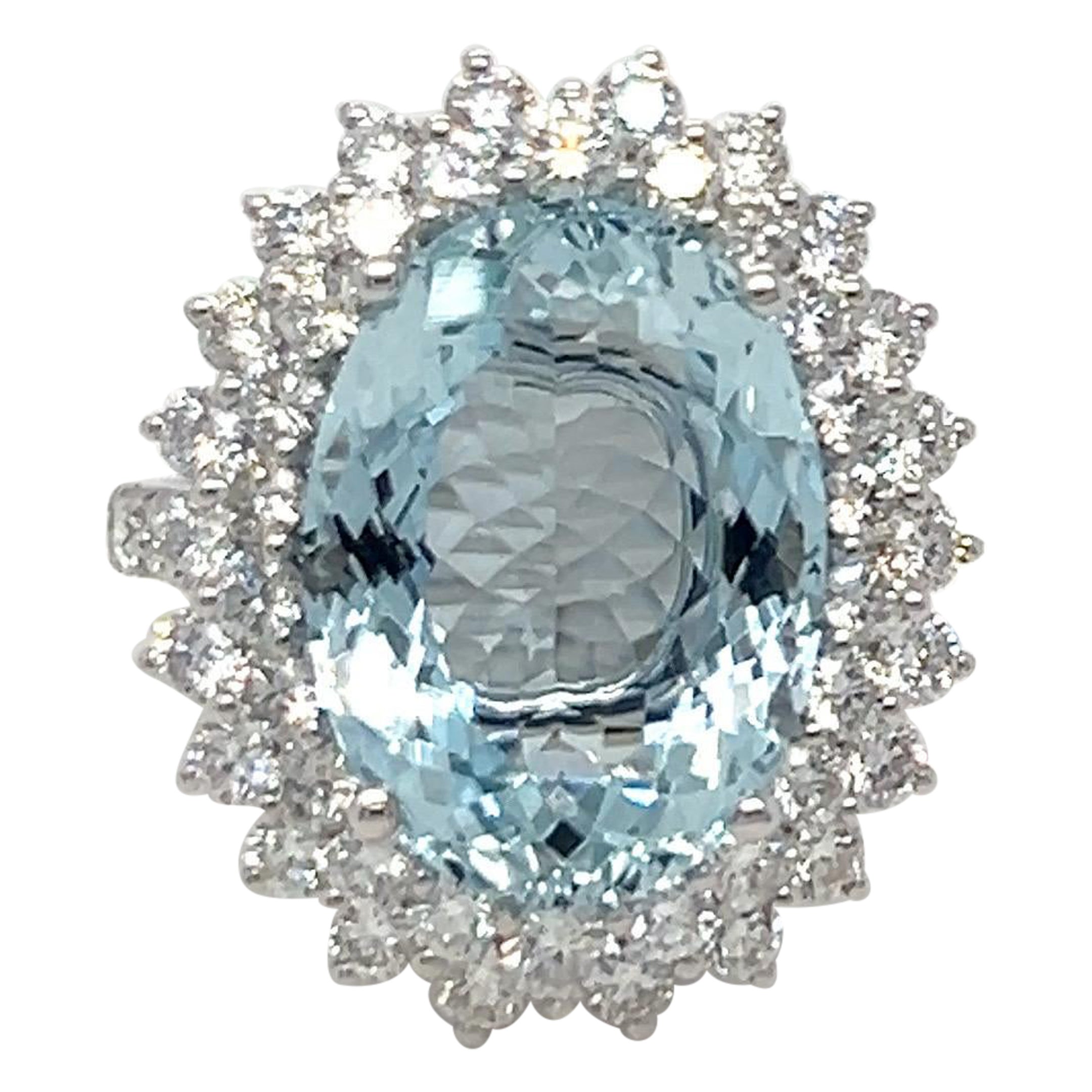 GAI Certified 8.81 Carat Oval Cut Aquamarine Diamond Cocktail Ring