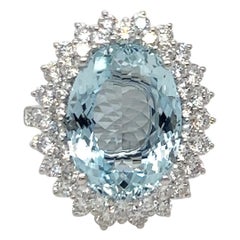 GAI Certified 8.81 Carat Oval Cut Aquamarine Diamond Cocktail Ring