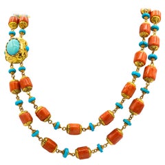 Halskette im Jugendstil, handgefertigte pfirsichfarbene Koralle Türkis Gelbgold