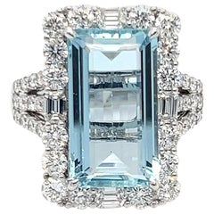 Natural 5.48  Rectangular Aquamarine Diamonds Ring 