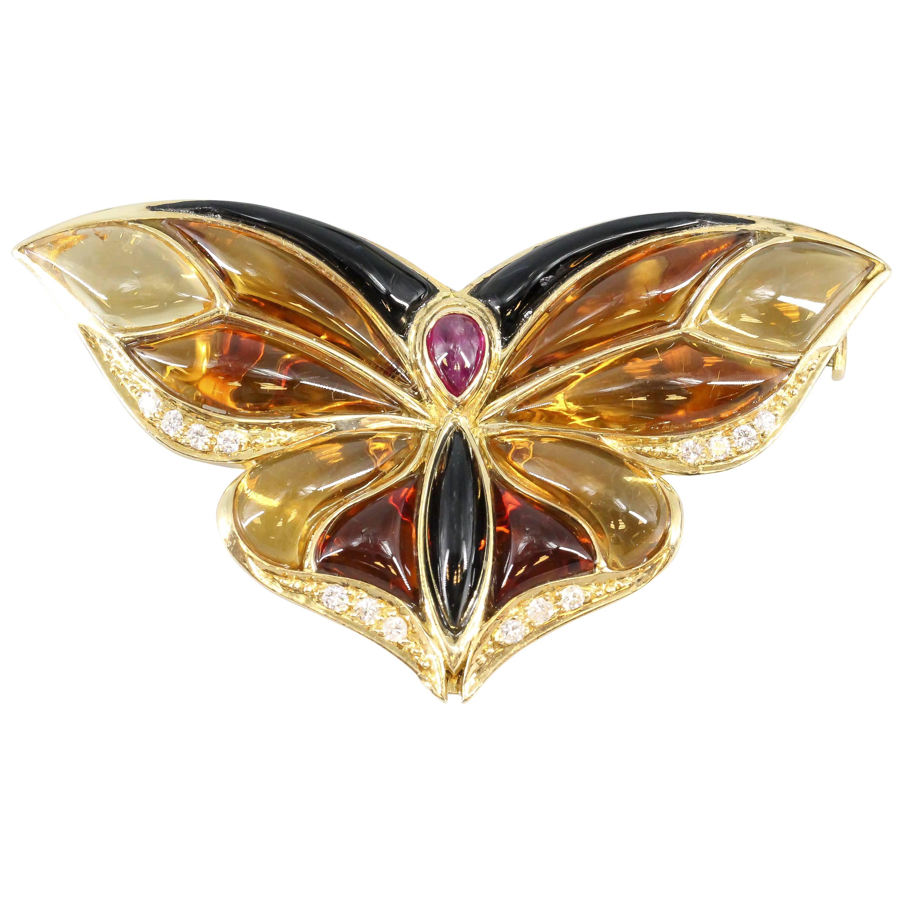 Bulgari Ruby Onyx Citrine Diamond Gold Butterfly Brooch
