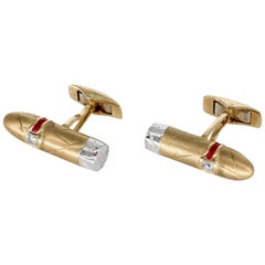 Cigar Shaped Enamel Diamond Gold Cufflinks